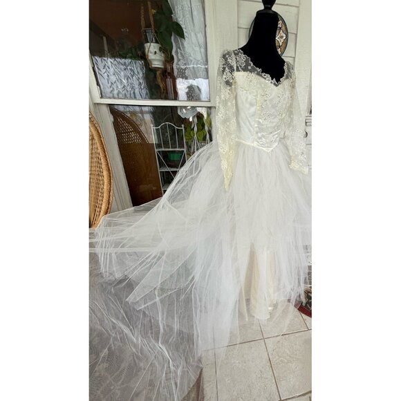 Vintage 50's Tulle Lace Tiered Cupcake Wedding Dress Beading Sequins Sz Small - Picture 2 of 16